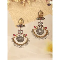 Saraf RS Jewellery Dual Tone Statement Silver Oxidised Motif Tribal Boho Look Chand Bali Earring-picture-37