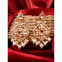 Saraf RS Jewellery Gold Plated Kundan Studded & Pearl Beaded Handcrafted Drop Earrings-picture-11