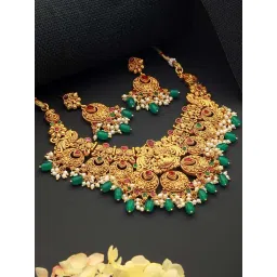 Saraf RS Jewellery Gold-Plated Pink & Green Studded Lakshmiji Temple Pendant Jewellery Set-picture-18