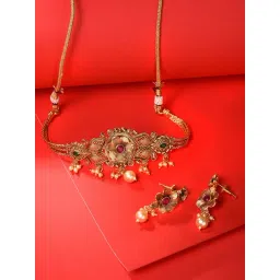 Saraf RS Jewellery Gold Plated Red AD Studded Floral Choker Jewellery Set-picture-35