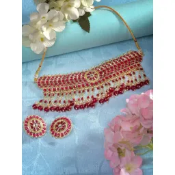 Saraf RS Jewellery Gold Plated Red stone studded Pearl beaded Choker Jewellery set-picture-25