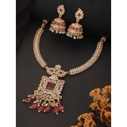 Saraf RS Jewellery Gold Plated Red Zircon & Pearl Beaded Floral Pipe Necklace Jewellery Set-picture-24
