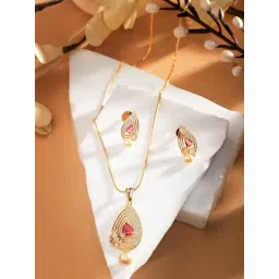 Saraf RS Jewellery Gold Plated Ruby Studded Floral Pendant & Earrings Set-picture-22