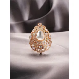 Saraf RS Jewellery Gold Statement Kundan Mossanite Studded Filigree Luxe Tilak Shaped Finger Ring-picture-37