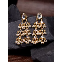Saraf RS Jewellery Gold-Toned & White Teardrop Shaped Drop Earrings-picture-20