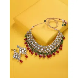 Saraf RS Jewellery Gold Toned Kundan studded Red & Green  Bead studded Handcrafted Jewellery Set-picture-31