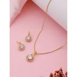 Saraf RS Jewellery Gold Toned Solitaire AD Studded Minimal Pendant & Earrings Set-picture-36