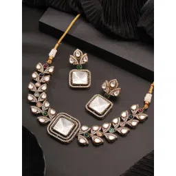 Saraf RS Jewellery Multi Statement Polki Kundan Studded Leafy Minimal Necklace & Earring Set-picture-27