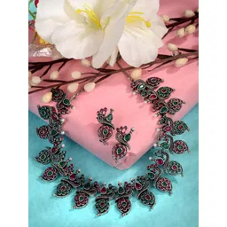 Saraf RS Jewellery Oxidised Rhodium-Plated Silver-Toned White & Green AD-Studded & Pearl Beaded Jewellery Set-picture-10