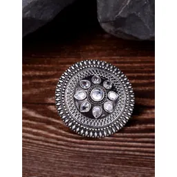 Saraf RS Jewellery Oxidised Silver-Toned & White CZ-Studded Antique Finger Ring-picture-14