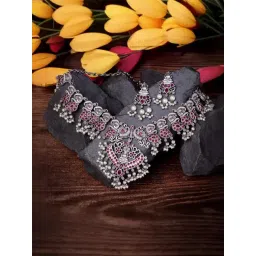 Saraf RS Jewellery Oxidised Silver Toned Antique Temple Peacock Design Choker  Jewellery set-picture-42