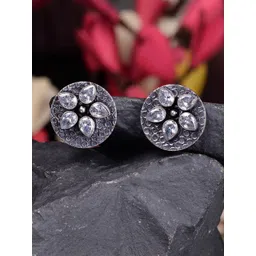 Saraf RS Jewellery Oxidised Silver Toned With White Stone Circular Studs Earrings-picture-23