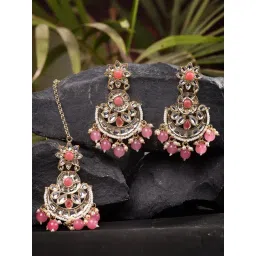 Saraf RS Jewellery Pink Kundan Studded & Pearl Beaded Earring & Maang Tikka Set-picture-29