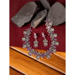 Saraf RS Jewellery Silver Oxidised Maroon Stone Studded Tribal Necklace Jewellery  Set-picture-23