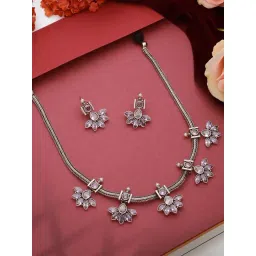 Saraf RS Jewellery Silver Oxidized Finish Stone Studded Flower Motif Jewellery Set-picture-41