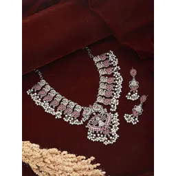 Saraf RS Jewellery Silver-Plated AD Studded & Beaded Oxidised Necklace and Earrings-picture-18