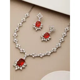 Saraf RS Jewellery Silver Plated Red Ruby Zircon Floral Statement Jewellery Set-picture-33
