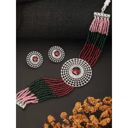 Saraf RS Jewellery Silver Plated Ruby Red Studded Pearl Beaded Choker Jewellery Set-picture-30