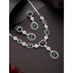 Saraf RS Jewellery Silver Toned Emerald Green Studded Statement Jewellery Set-picture-25