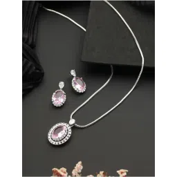 Saraf RS Jewellery Silver Toned Pink CZ Studded Luxe Minimal Pendant & Earrings Set-picture-35