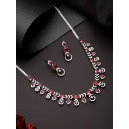 Saraf RS Jewellery White Rhodium Red Ruby Studded Leaf Design Statement Jewellery Set-picture-40