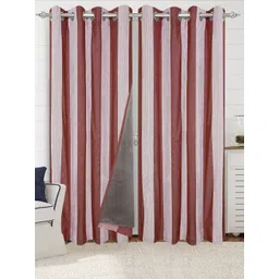 Saral Home Maroon & White Set Of 2 Striped Cotton Black Out Door Curtains-image-43