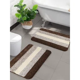 Saral Home Set Of 2 Brown & Beige Striped Soft Microfiber Anti-Skid Bath Rugs-picture-36