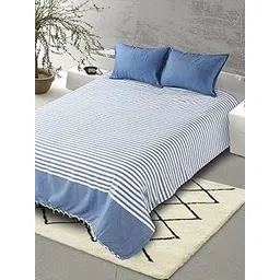 Saral Home Soft Cotton Even Striped Breathable & Wrinkle Free Bedsheet for Double Bed- 1 Queen Size Bedsheet with 2 Pillow Covers (Blue,90"X100")-picture-13