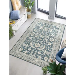 saraswatii global Romania Navy Blue & Beige Floral Printed Tufted Woollen Carpet-picture-41