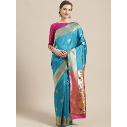 Saree mall Blue & Turquoise Blue Woven Design Silk Blend Banarasi Sarees-picture-13