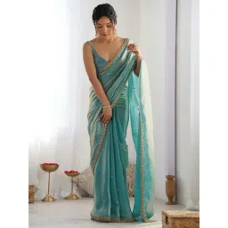 Saree Mall Light Blue Organza Embellished Saree with Blouse Piece-picture-40