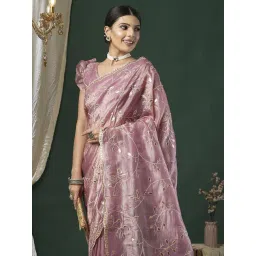 Saree Mall Mauve Organza Embroidery Saree with Blouse Piece-picture-10