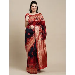 Saree mall Navy Blue & Gold-Toned Floral Woven Design Zari Kanjeevaram Sarees-picture-21