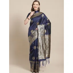 Saree mall Navy Blue & Gold-Toned Woven Design Zari Silk Blend Banarasi Sarees-picture-23