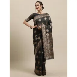 Saree mall Olive Green & Gold-Toned Woven Design Zari Silk Blend Banarasi Sarees-picture-20