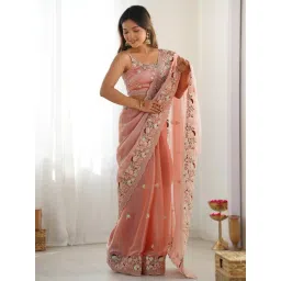 Saree Mall Peach Organza Embellished Saree with Blouse Piece-picture-31