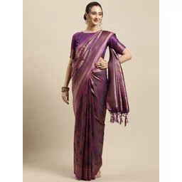 Saree mall Purple & Gold-Toned Woven Design Zari Silk Blend Banarasi Sarees-picture-17