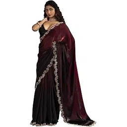 saree mall Women's Burgundy Satin Silk Beads & Stones Saree With Unstitched Blouse Piece (MORPNKH1161C_MK) image 1