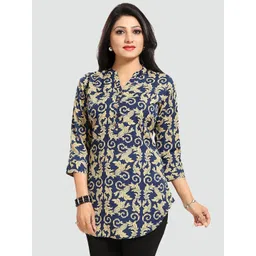 Saree Swarg Blue & Cream-Coloured Mandarin Collar Printed Tunic-picture-22