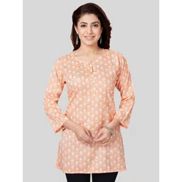 Saree Swarg Peach-Coloured & Off White Floral Printed Kurti-picture-16