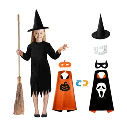 Sarvda California Horror Halloween Theme Cosplay Dark Queen Three Fourth Sleeves Costume Set With Reversible Cape, Scary Teeth & Hat - Orange & Black-picture-25
