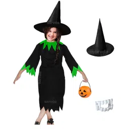 Sarvda California Horror Halloween Theme Cosplay Devil Witch Three Fourth Sleeves Costume Set With Reversible Cape, Pumpkin Basket, Felt Mask, Hat & Scary Teeth- Green-picture-13
