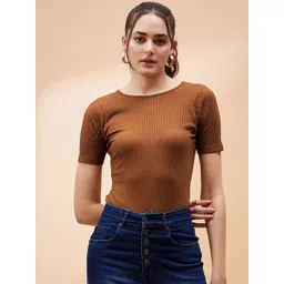 SASSAFRAS BASICS Brown Ribbed Round Neck Bodysuit-picture-31