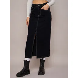 SASSAFRAS BASICS Denim Front-Slit A-Line Midi Skirt-picture-14