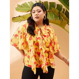 SASSAFRAS Curve Floral Printed Tie-Up Neck Ruffles Top-picture-30