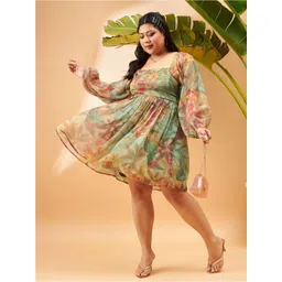 SASSAFRAS Curve Plus Size Green Tropical Printed Puff Sleeves Smocked Fit & Flare Dress-picture-24