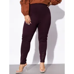 SASSAFRAS Curve Women Plus Size Burgundy Slim Fit Zip Detail Regular Trousers-picture-33