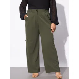 SASSAFRAS Curve Women Plus Size Olive Green Straight Fit Pleated-Front Cargos Trousers-picture-32
