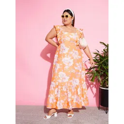 SASSAFRAS Curve Women Plus Size Orange Floral Print Flutter Sleeve Maxi Dress-picture-19