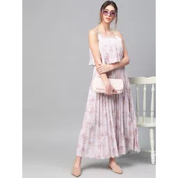 SASSAFRAS Beige & Lavender Floral Printed Accordian Pleat Maxi Dress-picture-50